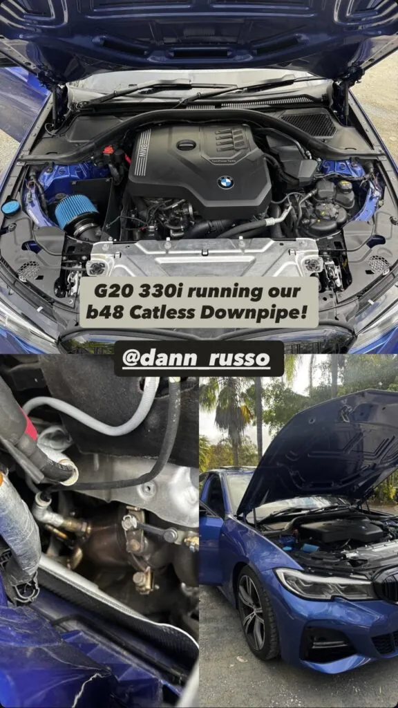 Dann's Portimao Blue BMW G20 330i engine bay with a EuroSpec B48 catless downpipe fitted