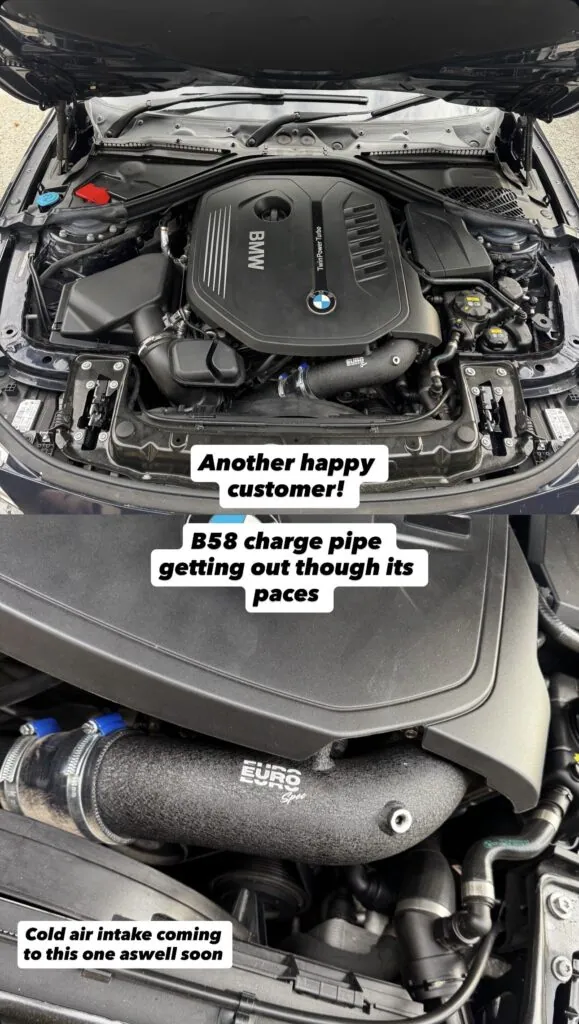 Conner's BMW F30 340i engine bay fitted with a EuroSpec B58 charge pipe