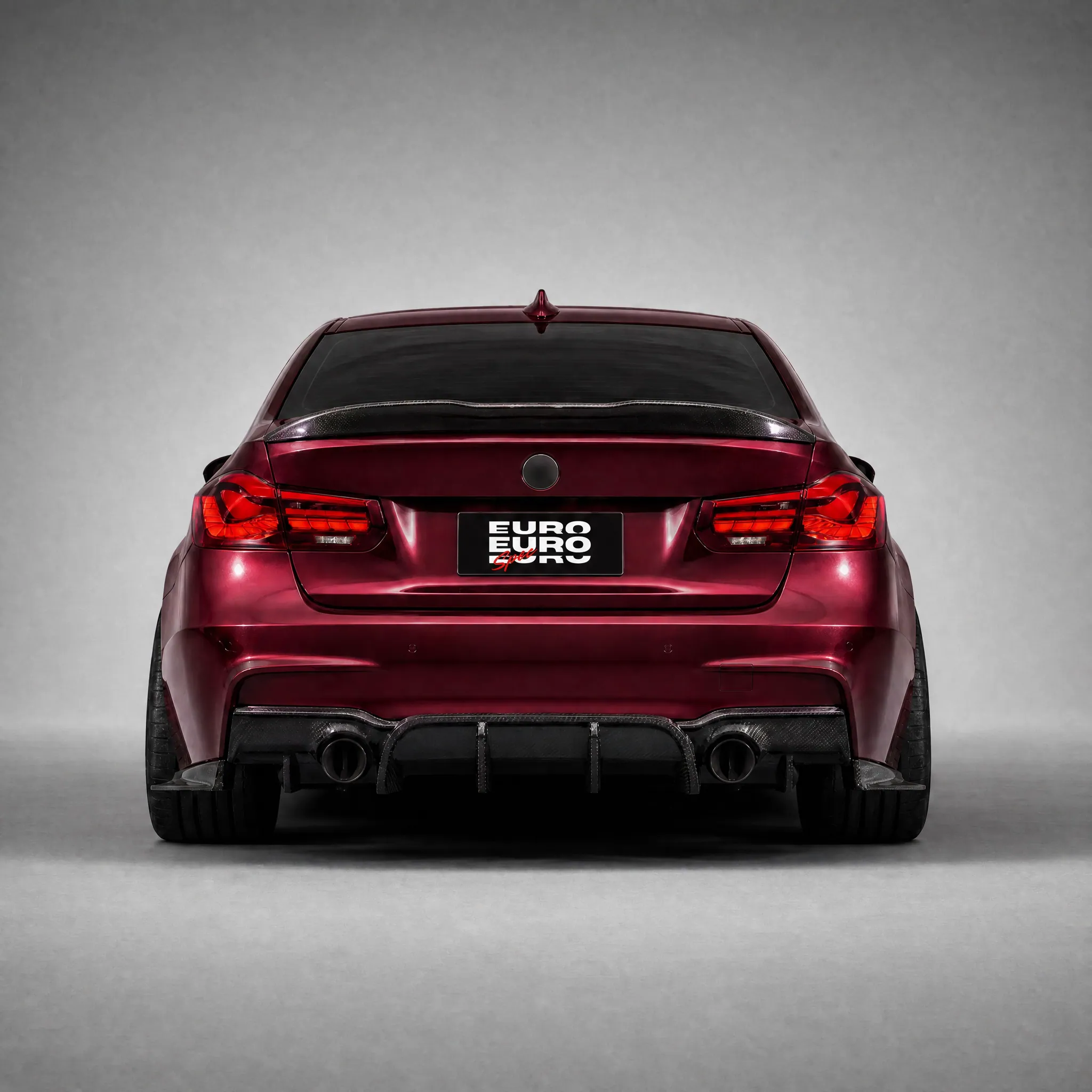 BMW F30 M Sport carbon fibre rear diffuser fitted, maroon, rear three-quarter
