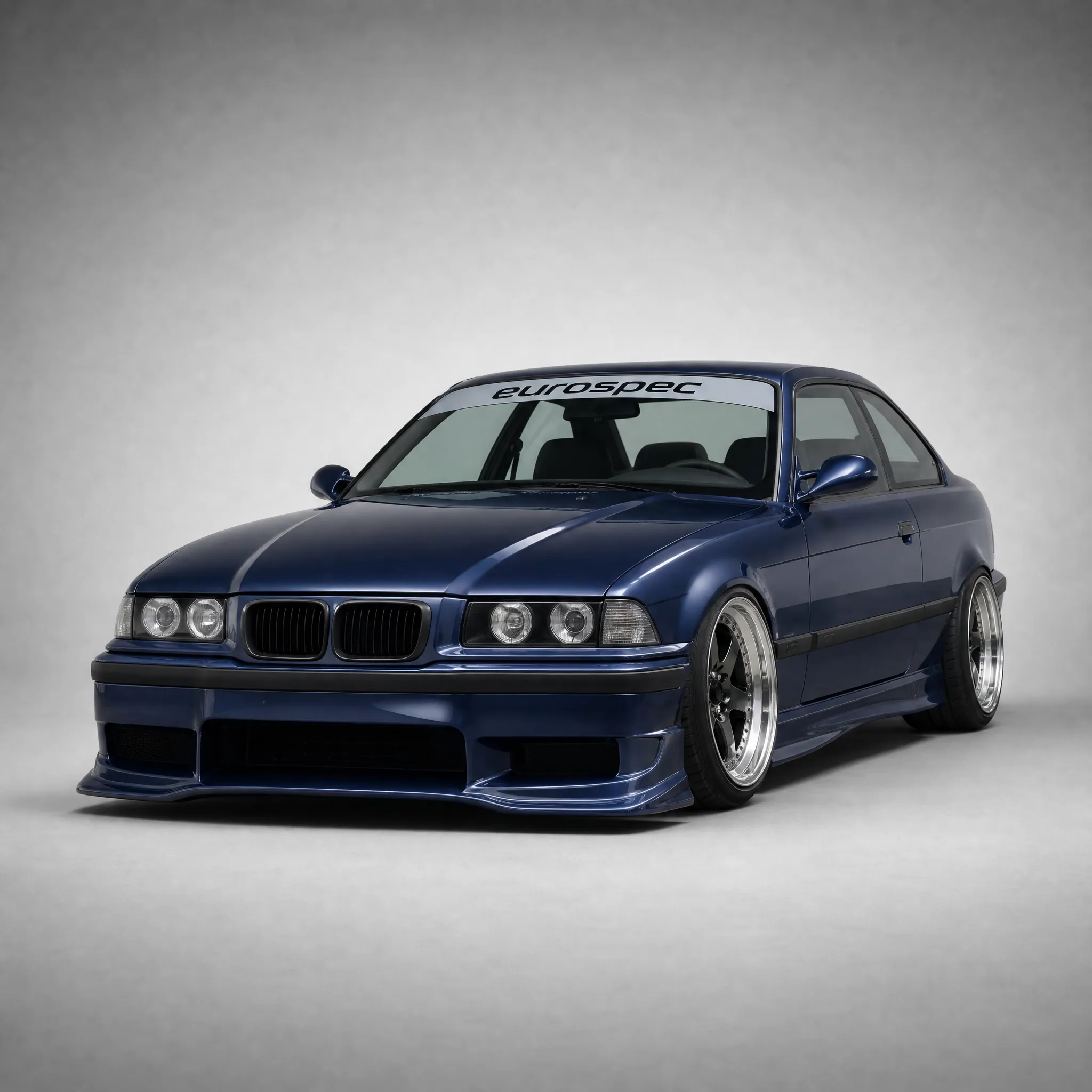 BMW E36 body kit fitted, blue, front three-quarter view