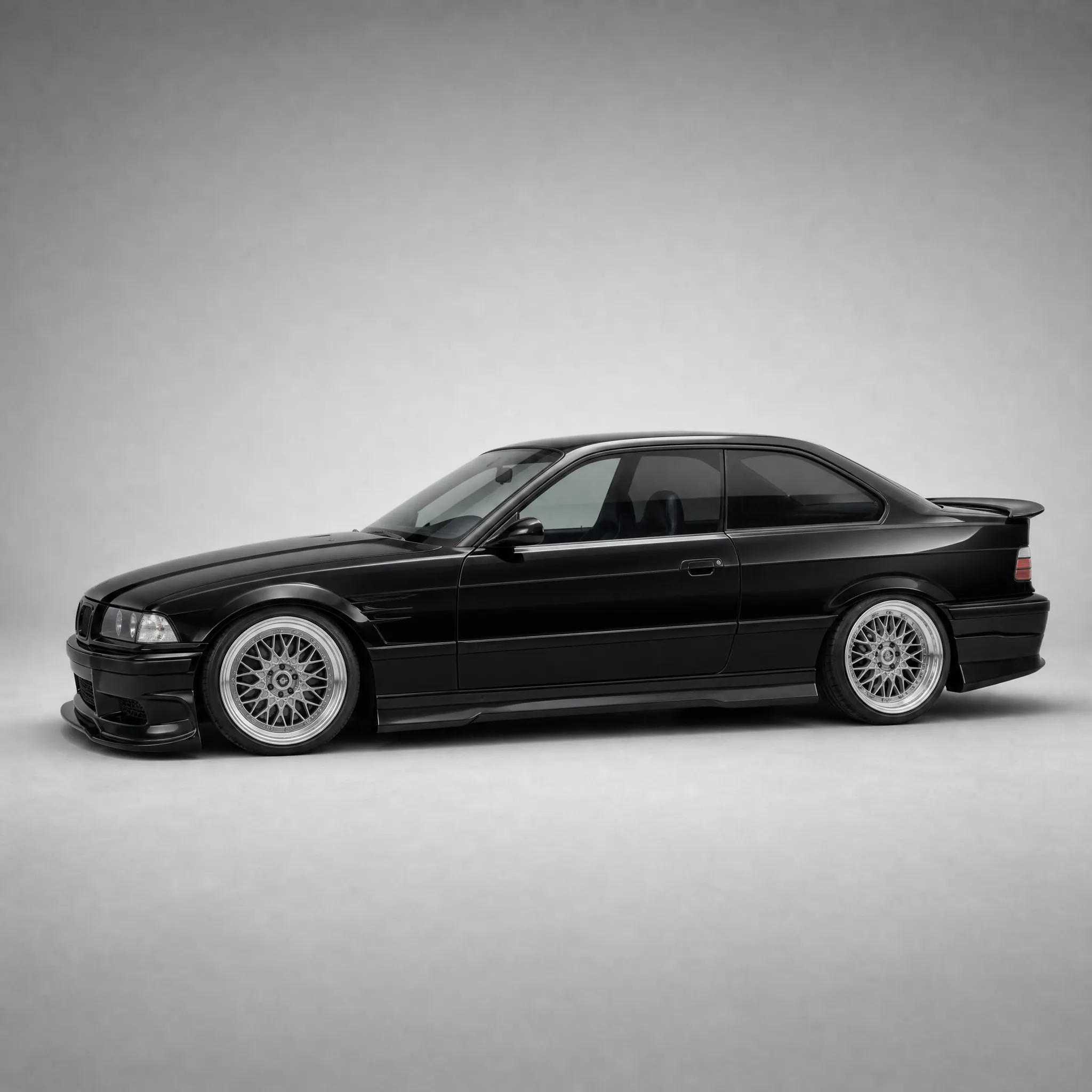 BMW E36 body kit fitted, gloss black, side profile