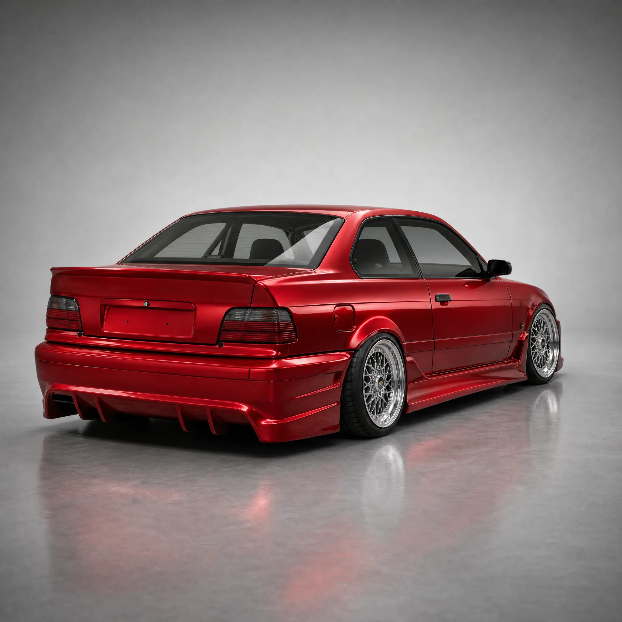 BMW E36 body kit fitted, red, rear three-quarter view