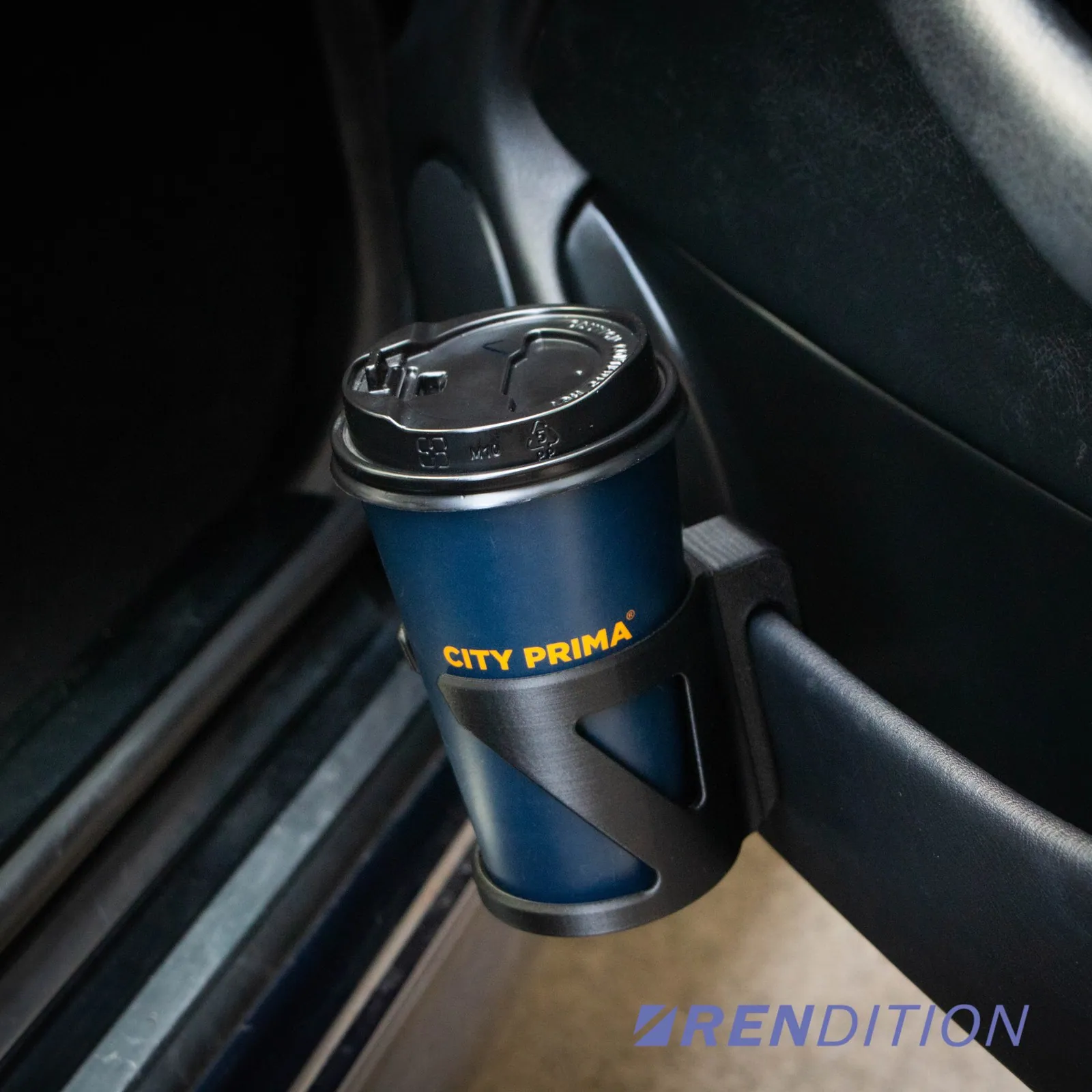 Rendition BMW door bin cup holder holding a coffee tumbler