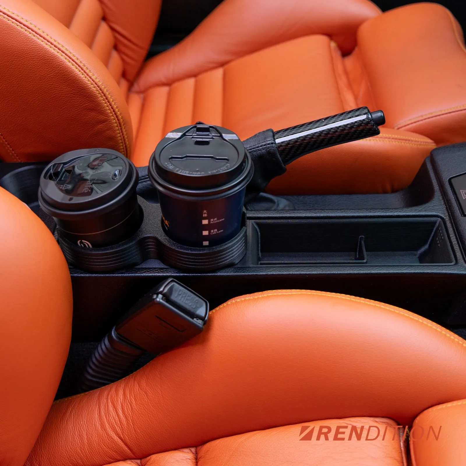Rendition BMW E36 reversed manual cup holder with two coffee cups