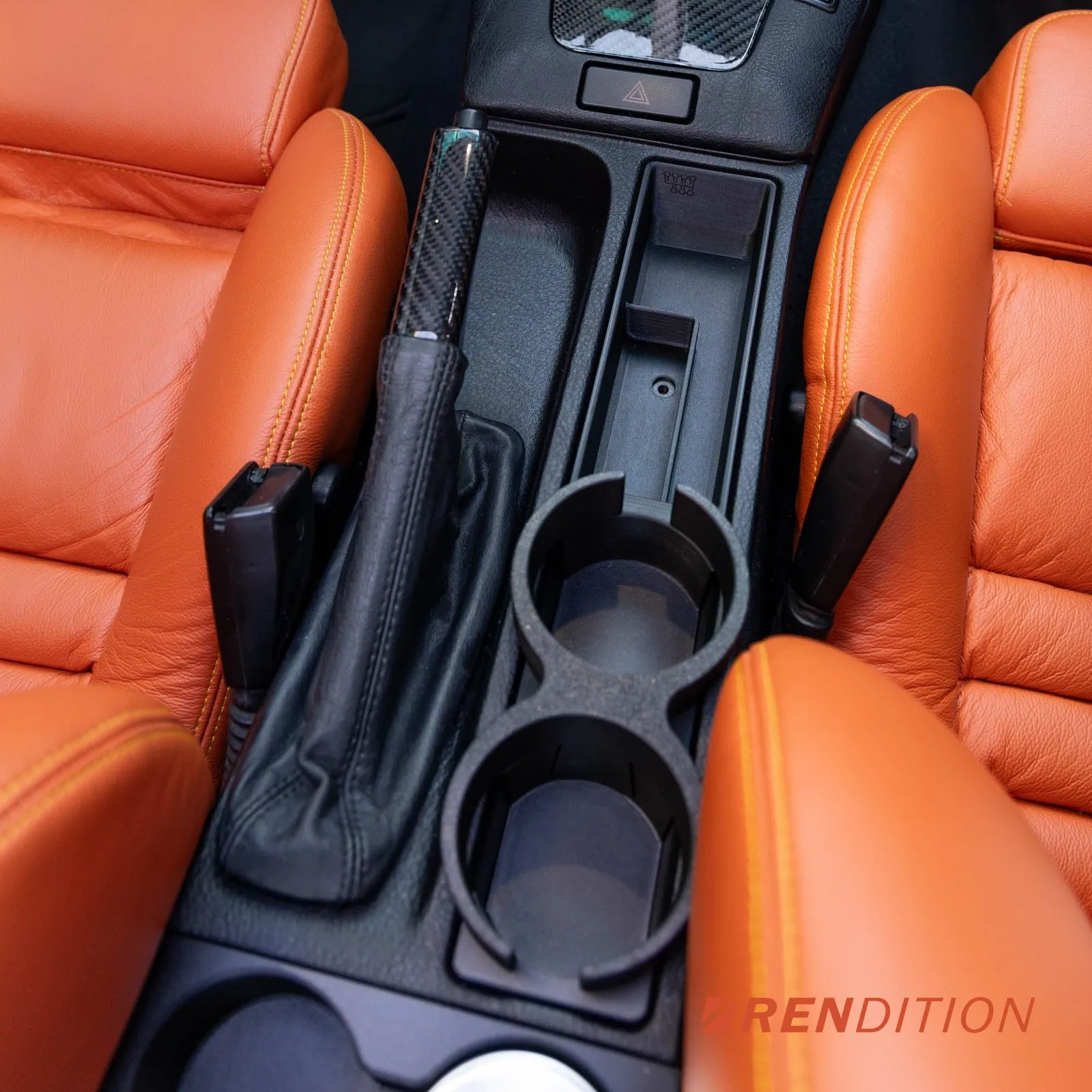 Rendition BMW E36 reversed manual cup holder top view in console