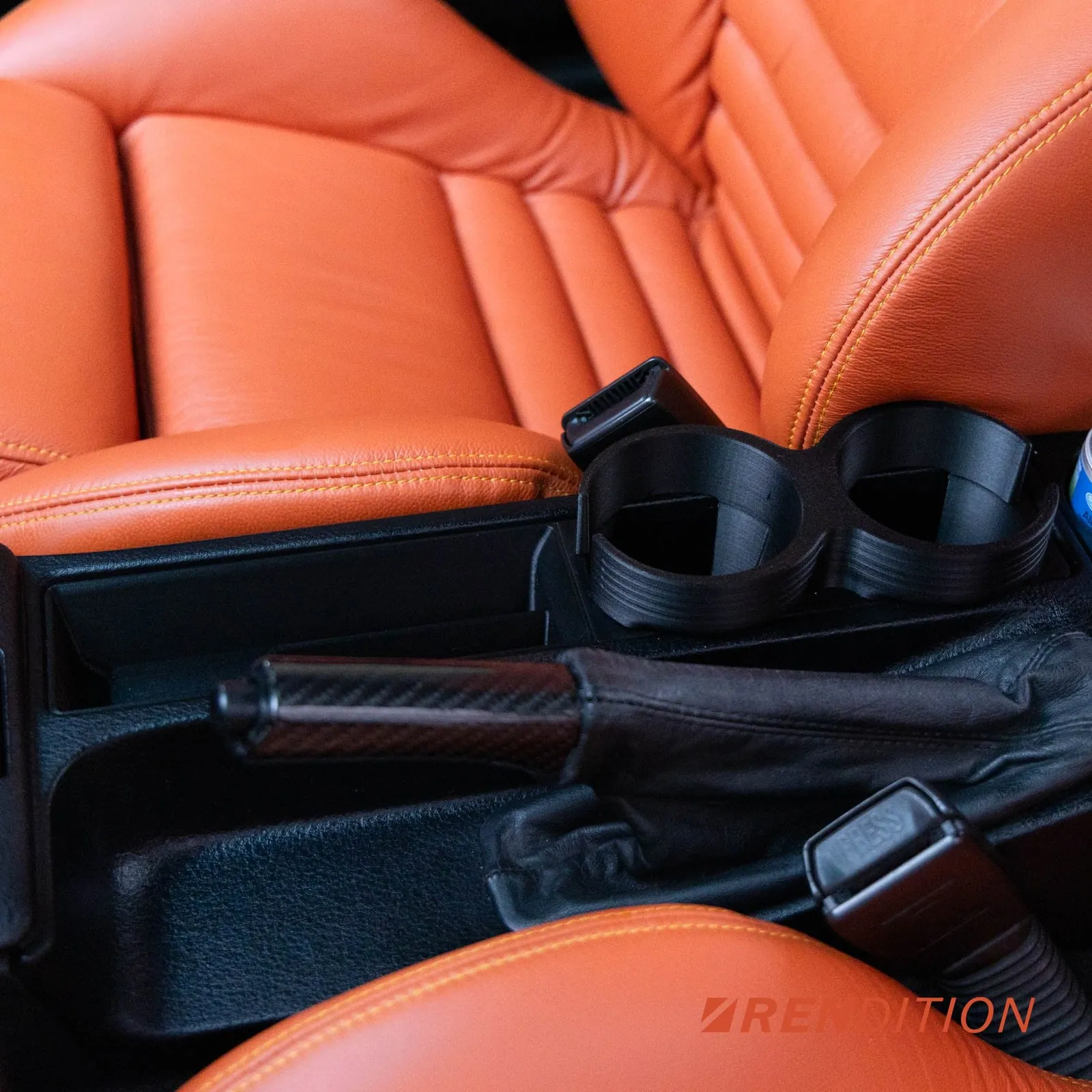 Rendition BMW E36 reversed manual cup holder behind the handbrake