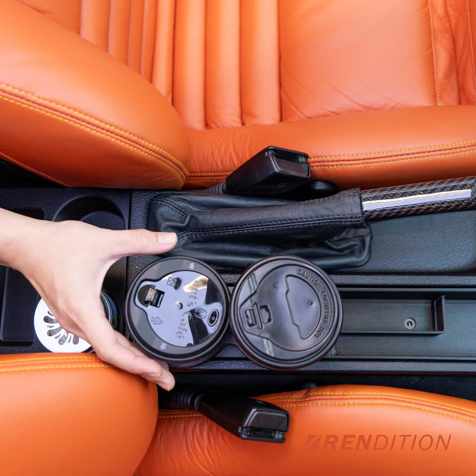 Rendition BMW E36 reversed manual cup holder overhead with cups