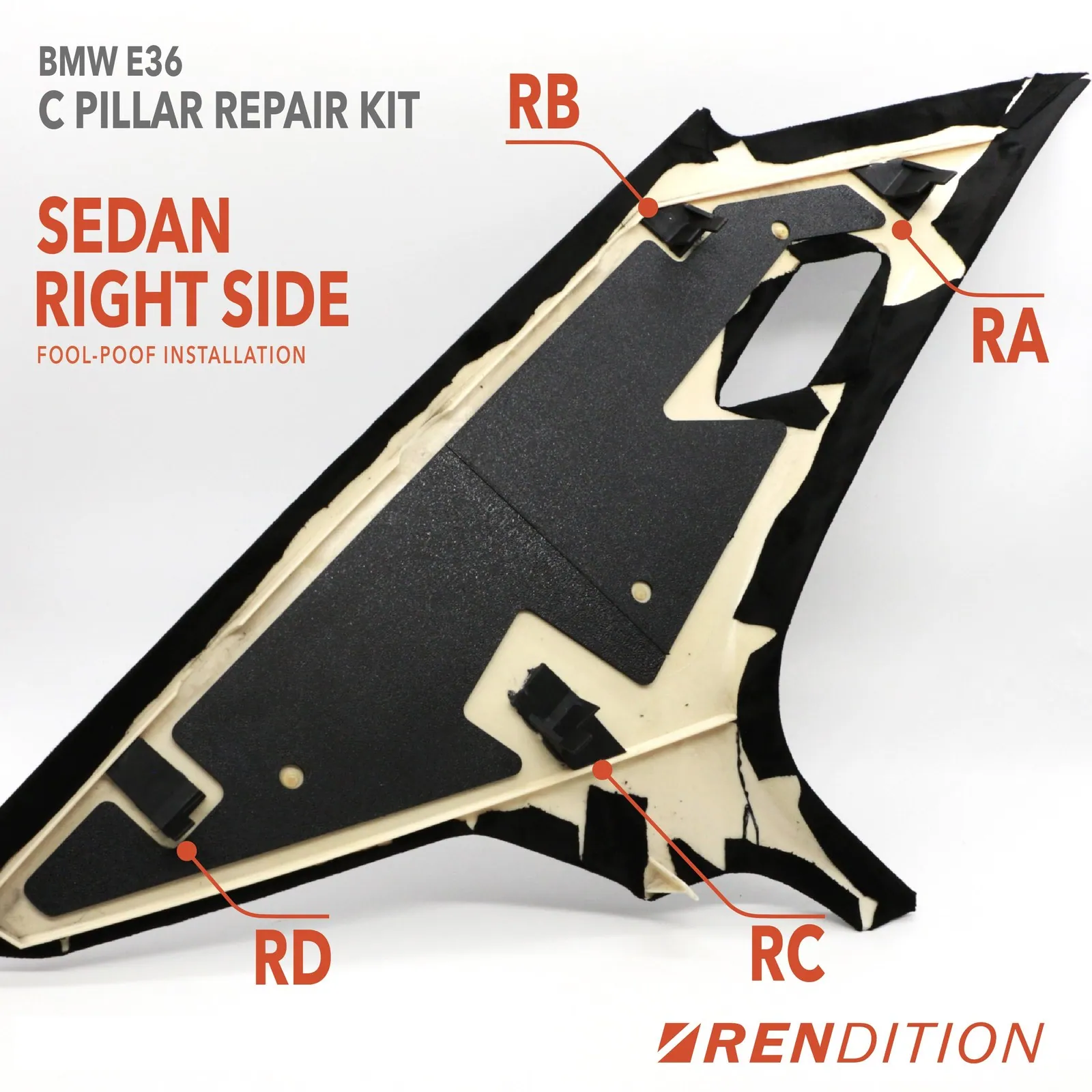 Rendition BMW E36 C pillar repair kit sedan tab positions