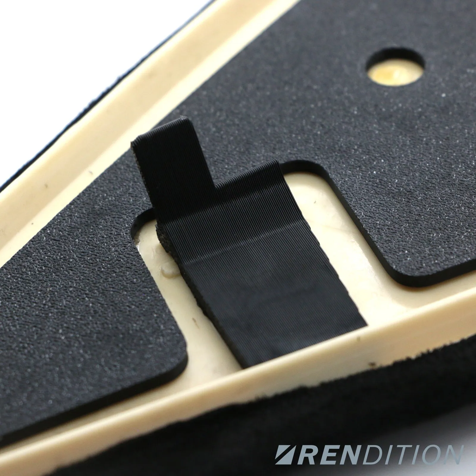 Rendition BMW E36 pillar repair tab close-up on trim
