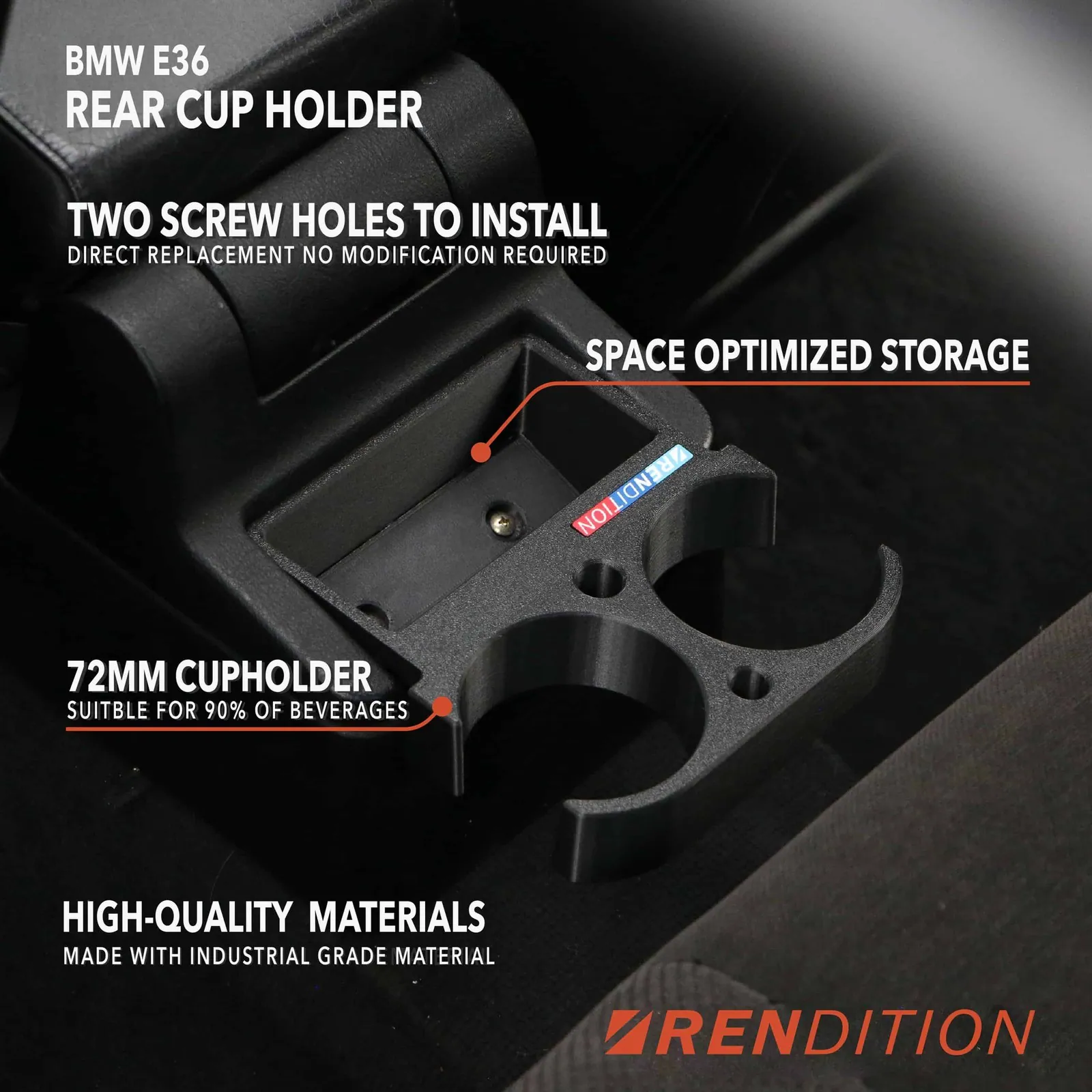 Rendition BMW E36 rear cupholder V5 features: 72mm cupholder, storage, two-screw install