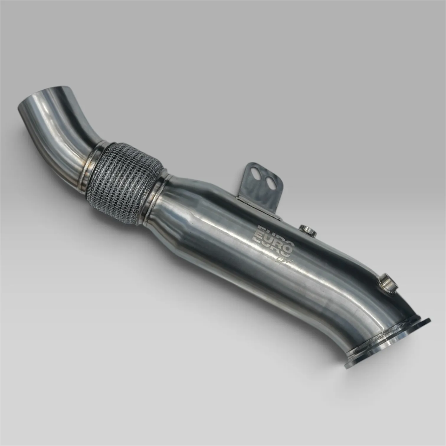 EuroSpec BMW B58 catless downpipe in 304 stainless steel with braided flex section