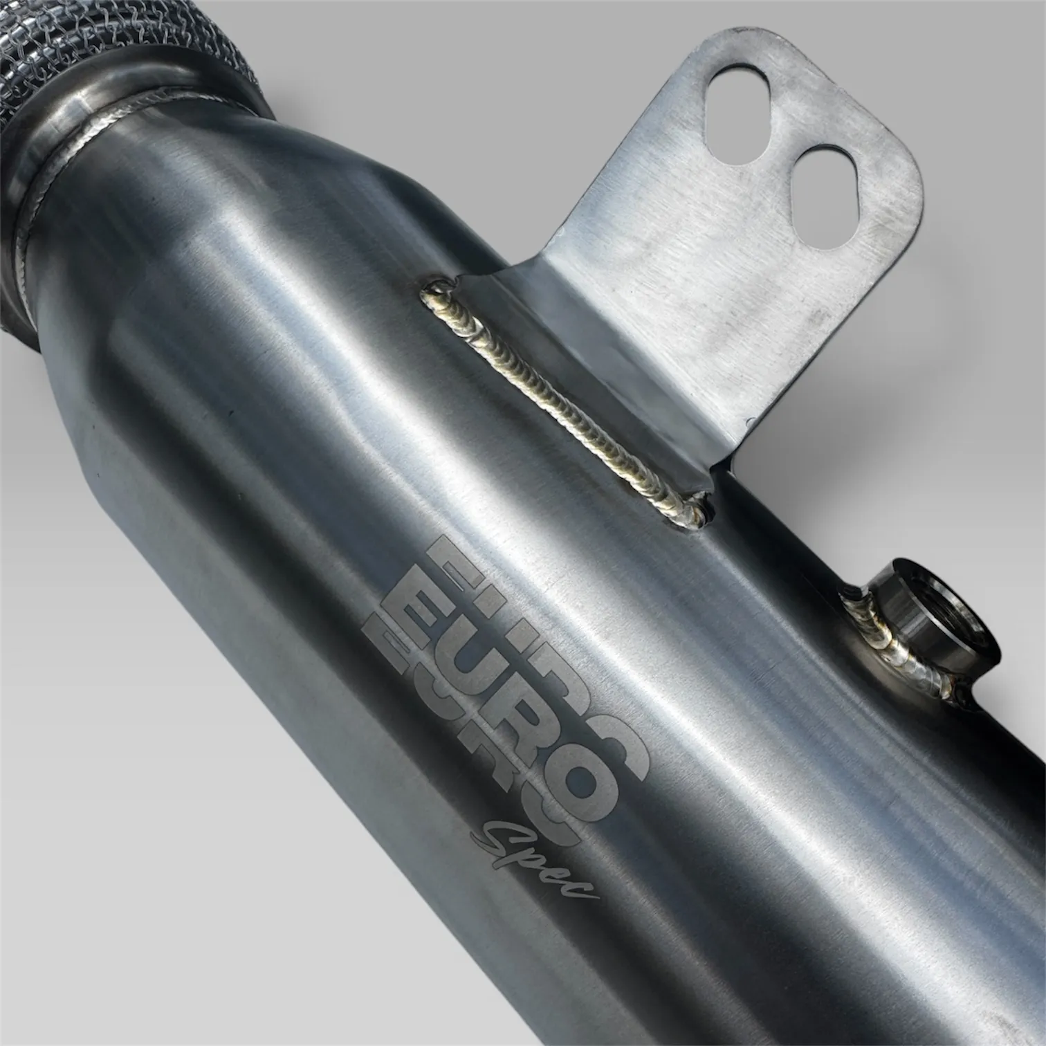EuroSpec logo on the BMW B58 catless downpipe beside the welded mounting bracket