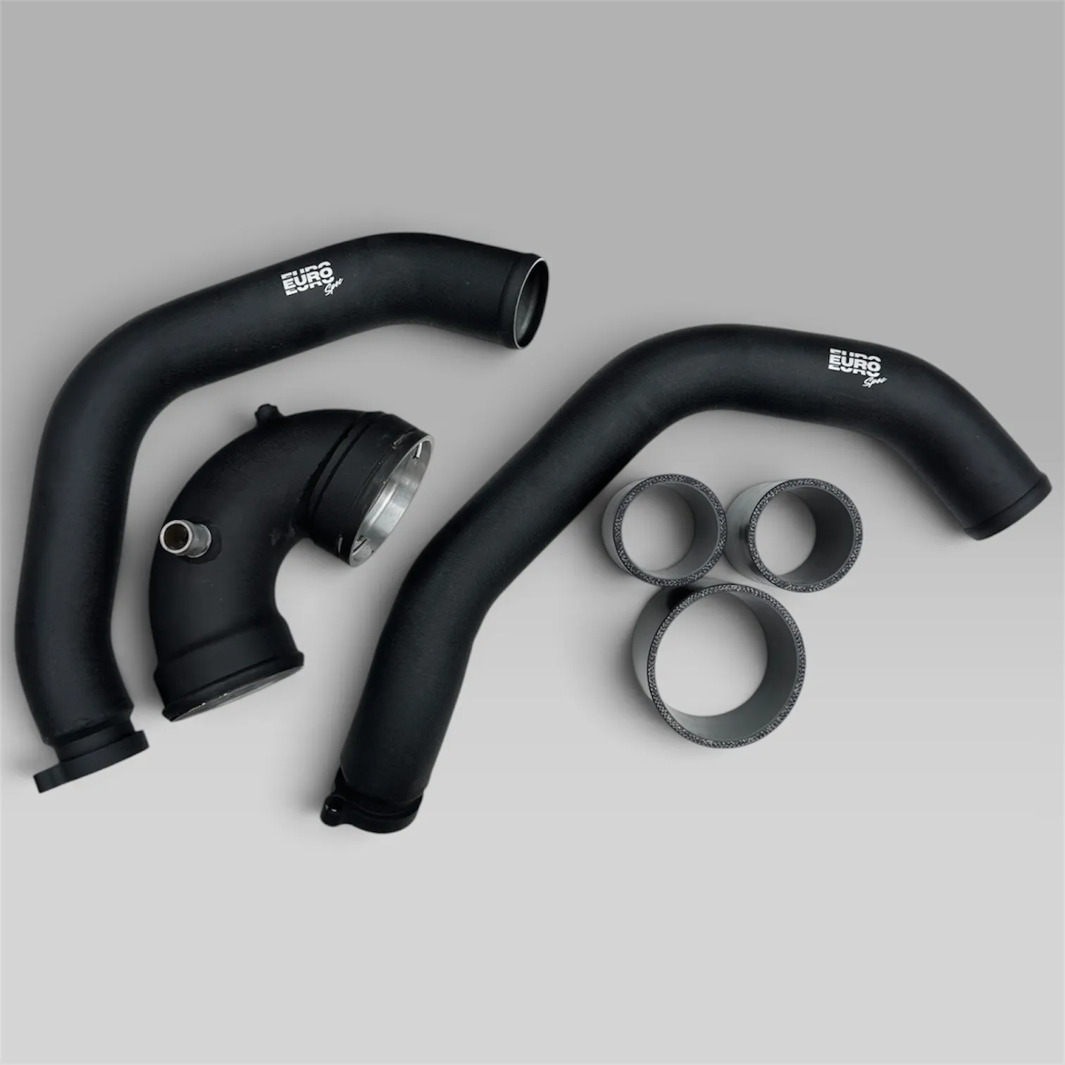 EuroSpec upgraded charge pipes, elbow and silicone couplers included with the BMW S55 top-mount intercooler kit