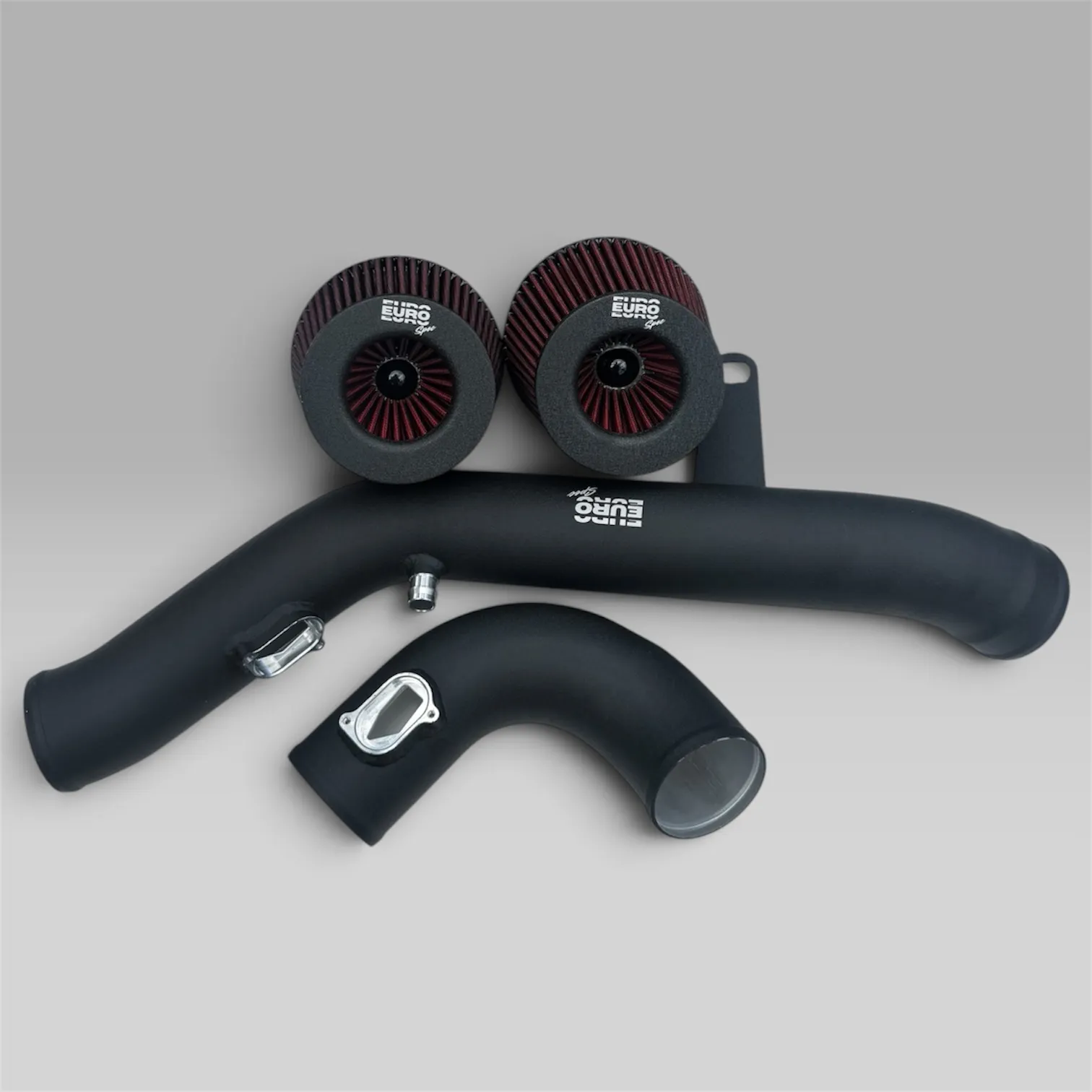 EuroSpec BMW S55 cold air intake kit: two intake pipes, mounting bracket and twin high-flow filters