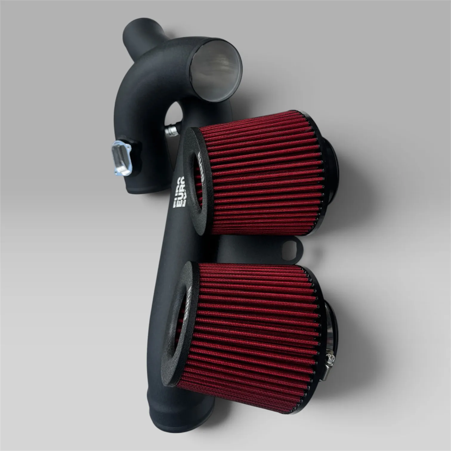 EuroSpec BMW S55 cold air intake pipes with twin red high-flow air filters