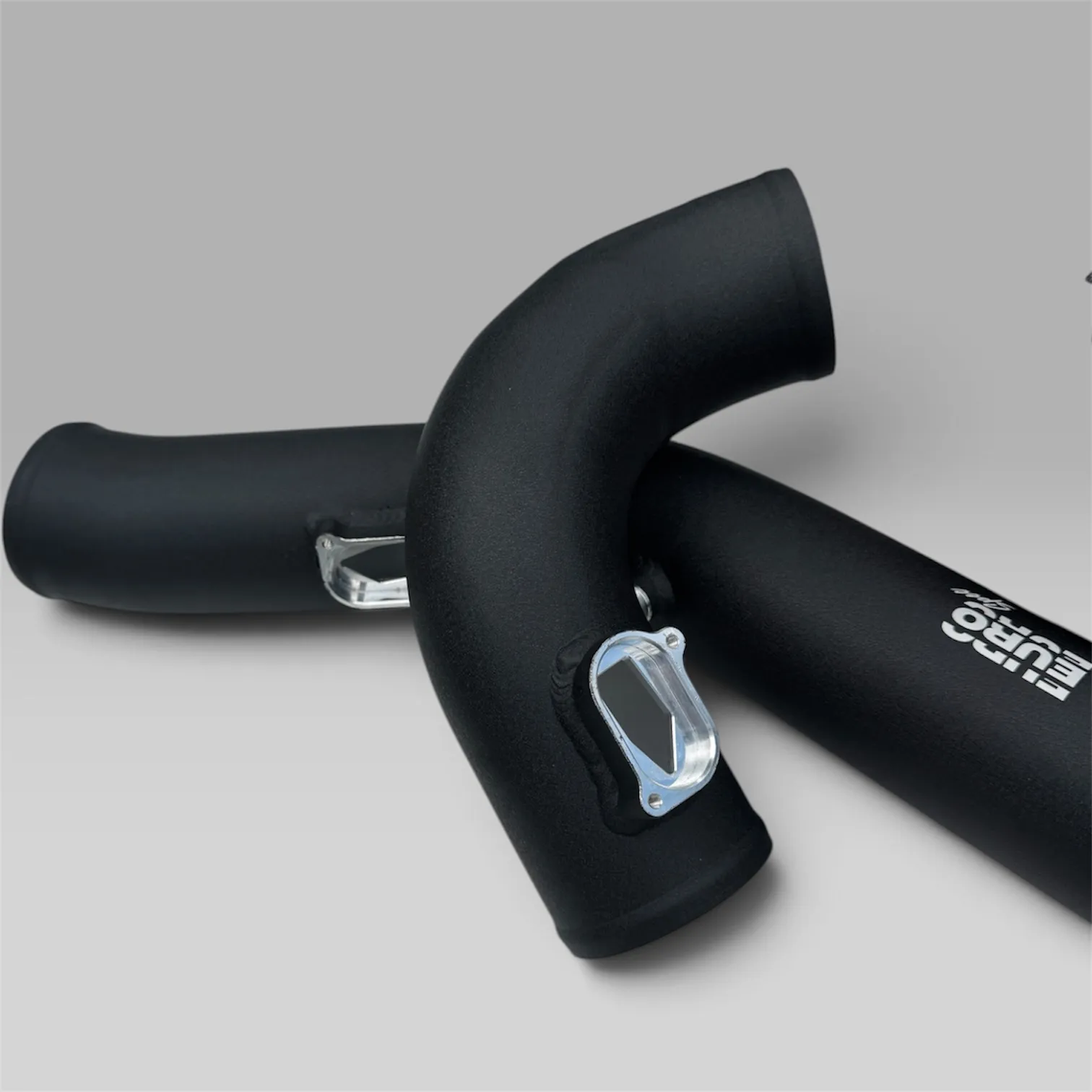 EuroSpec BMW S55 intake pipes in textured black with machined aluminium flanges